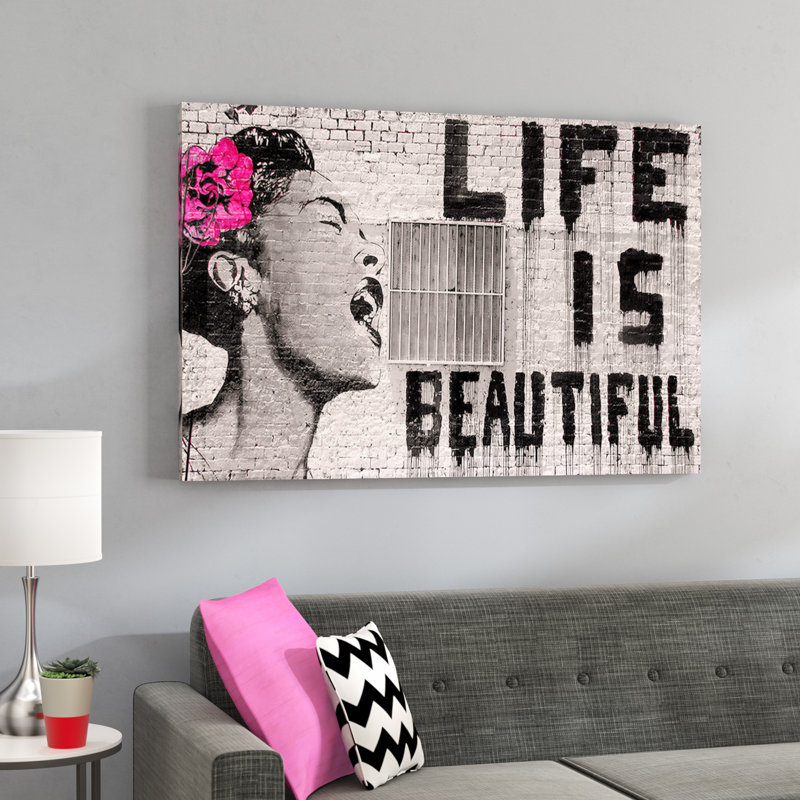 « Life Is Beautiful » par Banksy, impression sur toile tendue, H 16 po x l 24 po x P 1,5 po