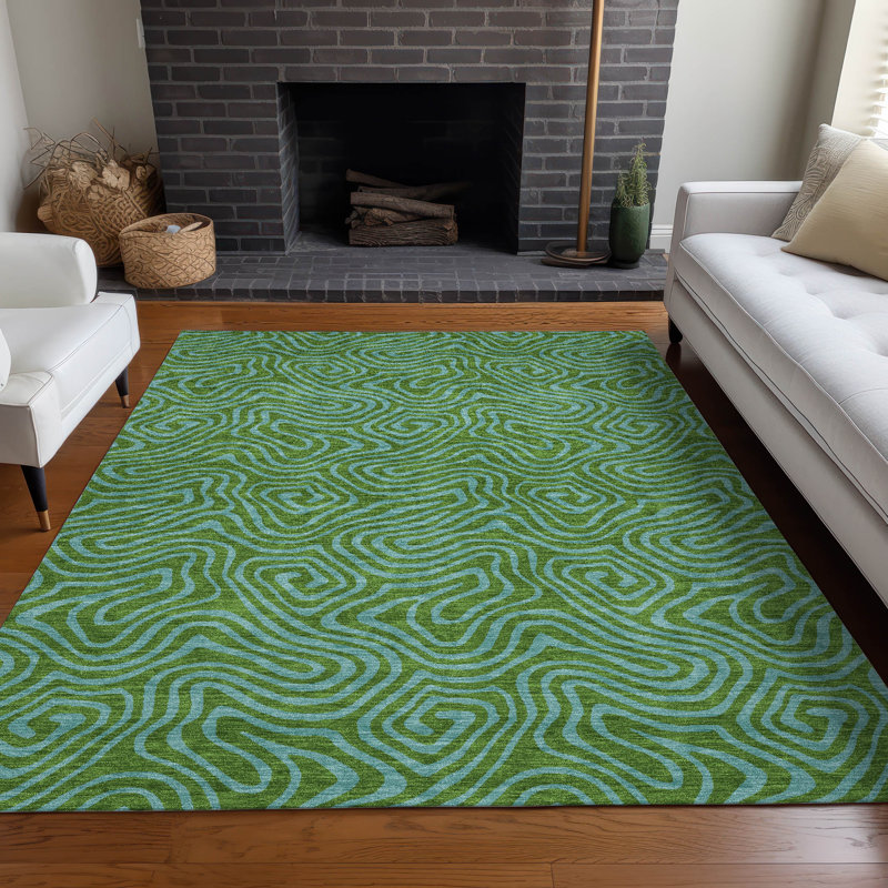 Green Flat Woven Rectangular Synthetic Washable Rug 3' x 5'