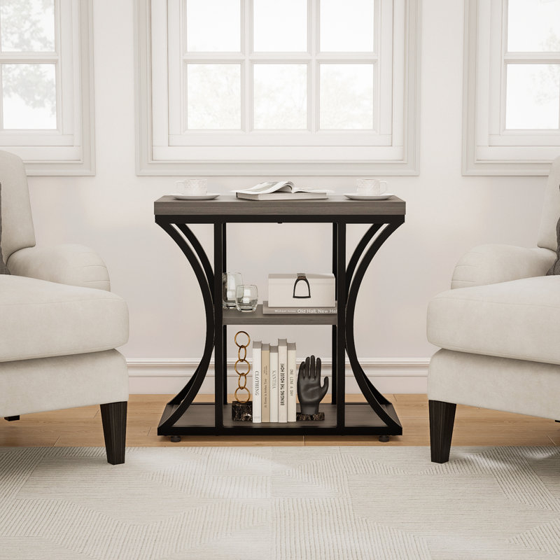 3-Tier End Table With Storage Shelves, Rustic Industrial Side Table For Living Room, Gray