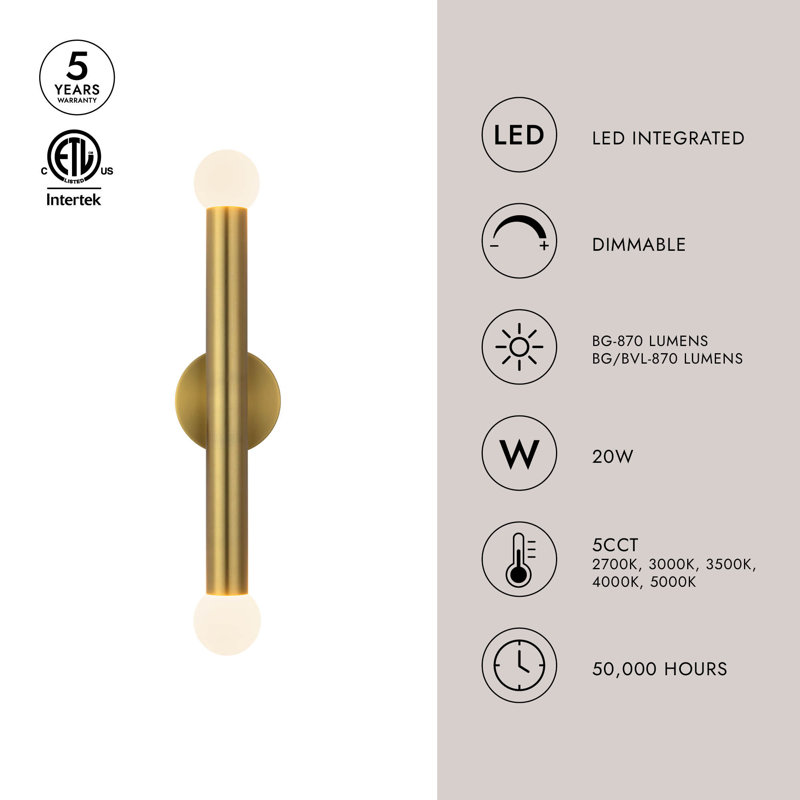 2 - Light LED Vanity Light, Brushed Gold/Black Vegan Leather