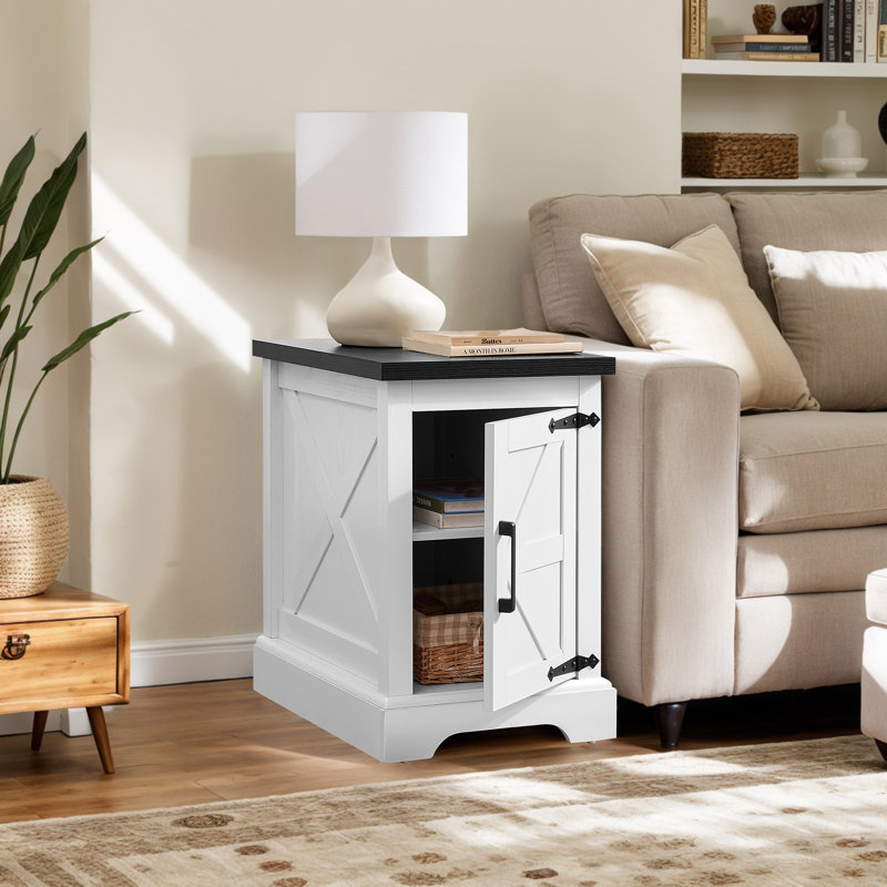 Farmhouse end table Nightstand Rectangular Farmhouse End Table with Barn Door and Adjustable Storage Shelf, Rustic Sofa Side Table for Living Room, Bedroom, White