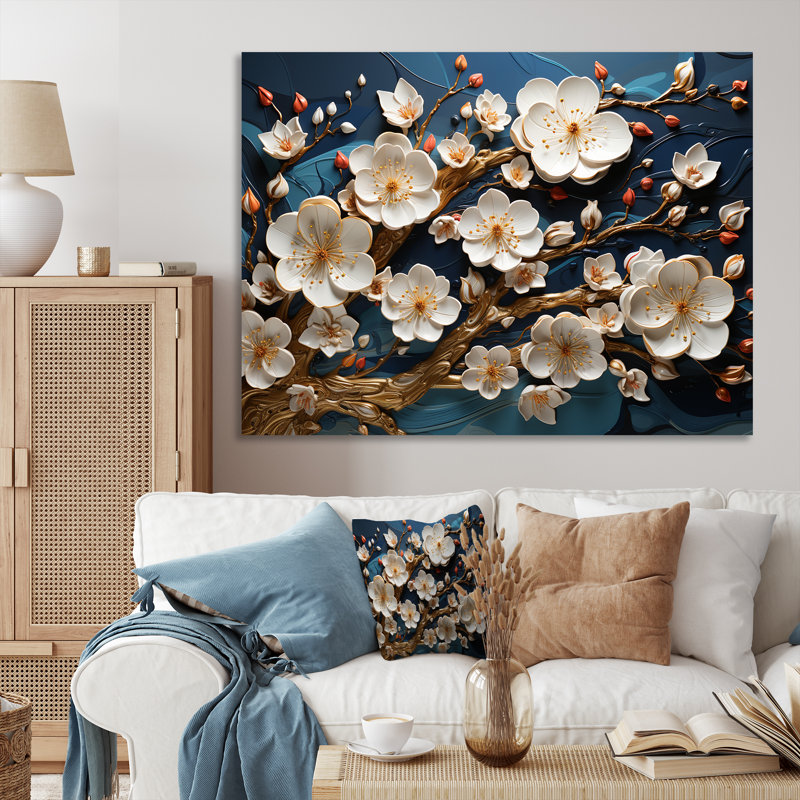 Orchidée blanche et bleue, branches d'arbre doré II - art mural floral abstrait, Toile tendue, H 16 po x l 32 po x P 1 po