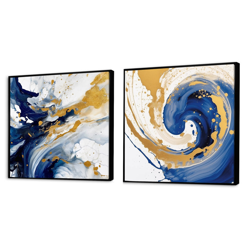 Bleu foncé et spirale dorée - ensemble de 2 collages carrés abstraits en spirale, Cadre noir, H 16 po x l 33 po