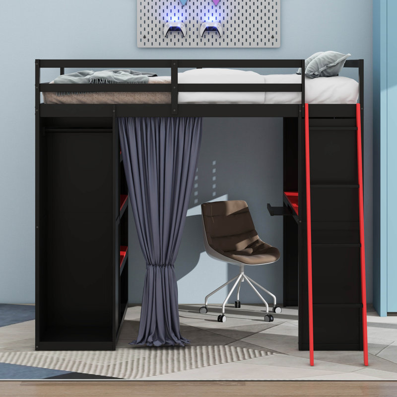 Lit mezzanine de jeu avec tablettes et bureau multi-rangements, cadre de lit double en bois avec éclairage RVB, garde-robe et rideaux occultants