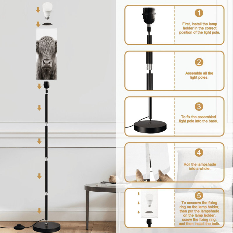 Lampe sur pied Highland cow Écosse à intensité variable avec télécommande et pédale avec abat-jour et abat-jour pour le bureau de la chambre à coucher