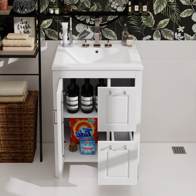 Meuble-lavabo 24 po avec lavabo, meuble-lavabo avec deux tiroirs et porte, tablette réglable, bois massif et panneau de fibres à densité moyenne, blanc