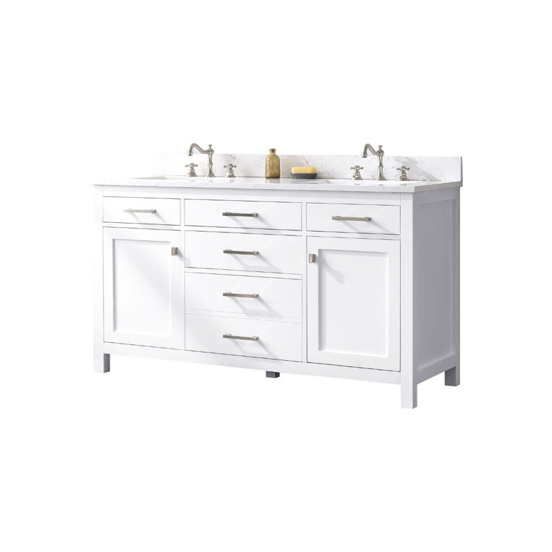 Meuble-lavabo double Ajhane, Blanc / nickel brossé