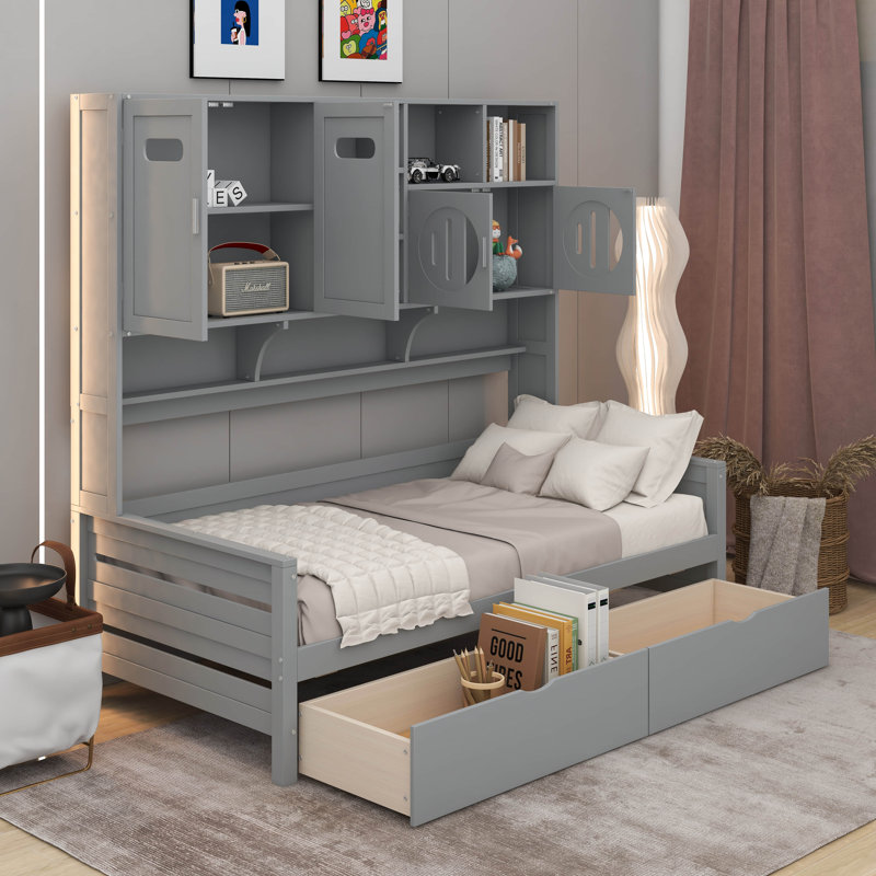 Lit de jour en bois avec tiroirs, Gris, Simple