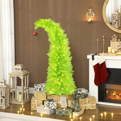 5 ft Whimsical Christmas Tree with Red Ball, Prelit Pencil Artificial Xmas Tree with 438 Branch Tips, 200 LED Lights, Metal Base, Holiday Decor for Home, Office, Green