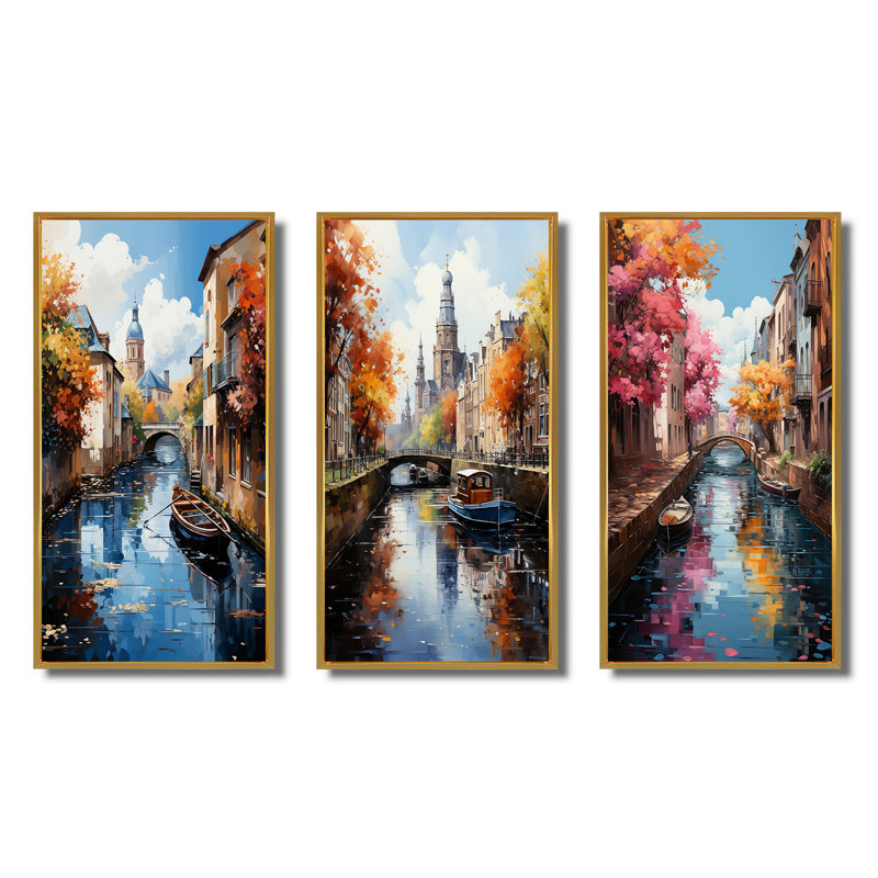 «Beige Canal Vibrant Waterway Bold», 3 pièces sur toile, Encadrement doré, H 40 po x l 60 po