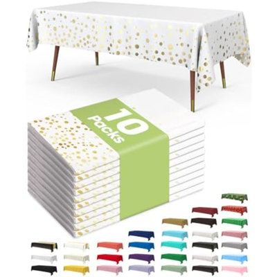 Plastic Table Cloth Disposable 10 Pack, 54 x 108 Inch Table Cloths, Graduation Decorations Class of 2025, Graduation Tablecloths, Rectangle, Plastic Cover, Leakproof & Sturdy, White and Gold
