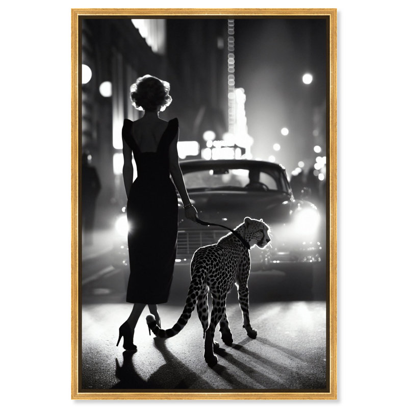 Oliver Gal Night Walk Cheetah Photography - Framed Acrylic Glass Wall Art, 46" H x 31" W, Gold