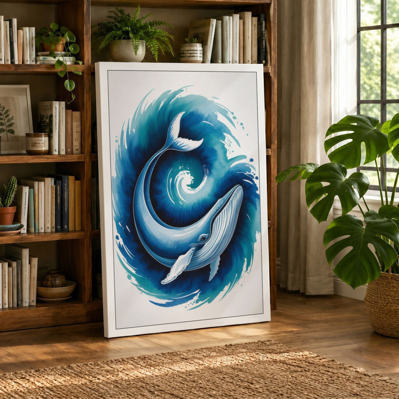 Whale in Motion Coastal - Wrapped Canvas, 24x16 - 61.0 x 40.6 cm, Teal Border