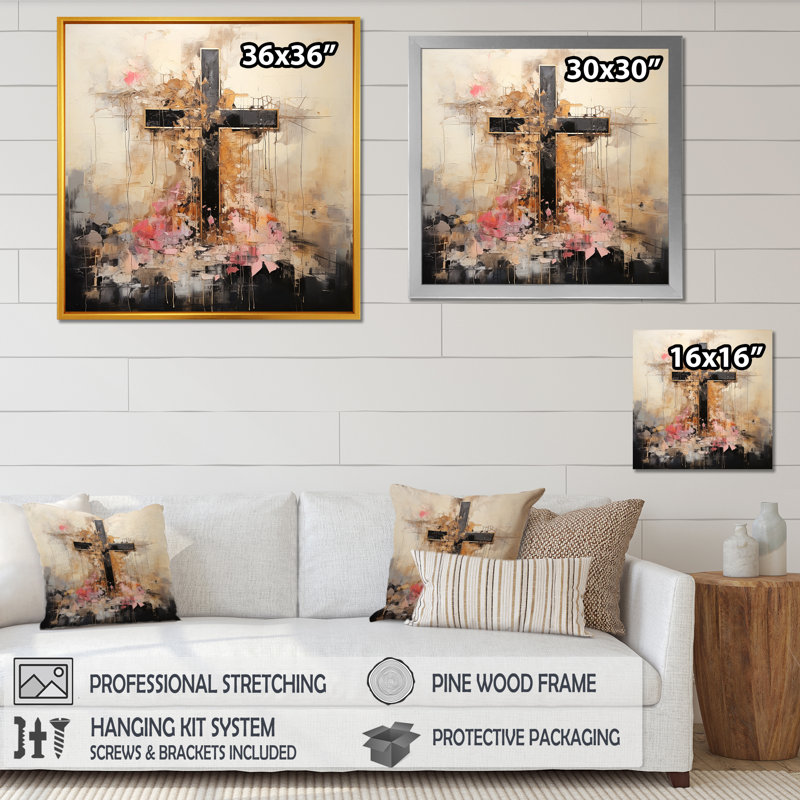 Minimalisme floral, croix religieuse, Cadre flottant doré, H 16 po x l 16 po x P 1 po