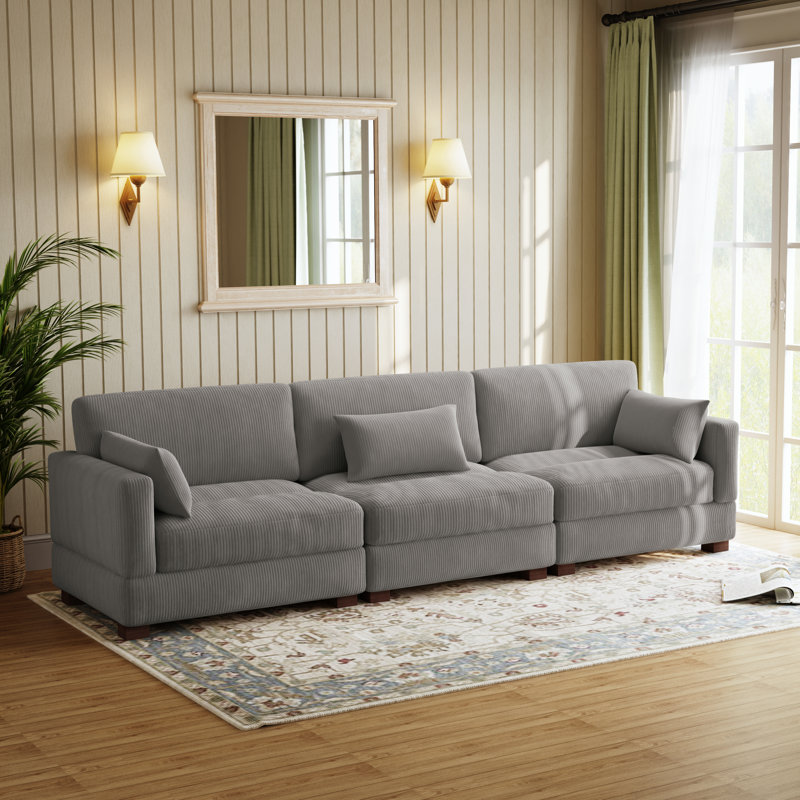 Maelina 3 - Piece Upholstered Light Gray Corduroy Modular Sectional Sofa with Pillow Back and Solid Wood Legs, Light Gray