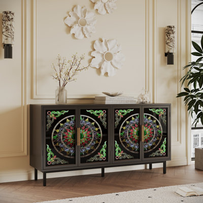 60.3" Entrance Cabinet With Painted Glass And Black Frame, Providing Ample Space For Tableware Books In Bedroom Or Living Room Decorative Buffet Stained Metal Iron Adding Elegance To Bedroom, Living,