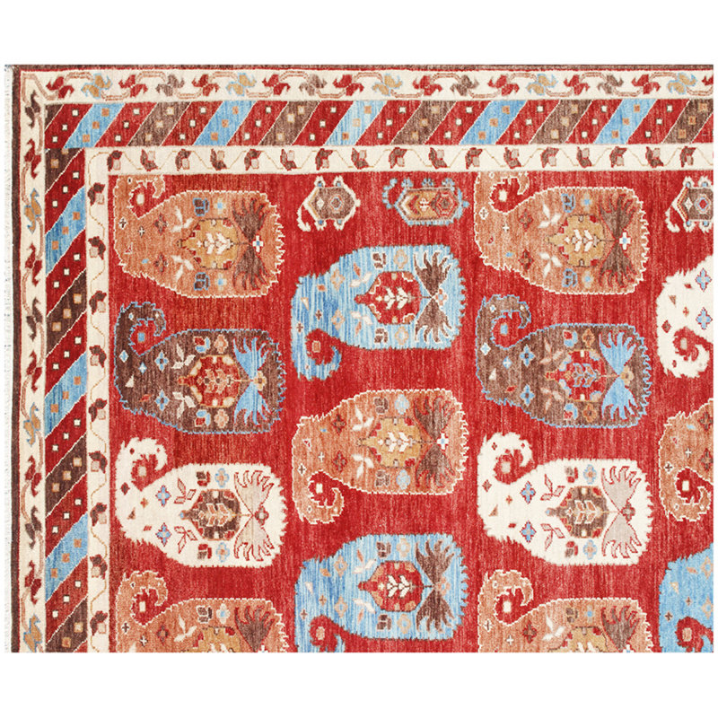 Tapis multicolore en laine noué à la main à motif cachemire tribal avec bordure décorative, Rectangulaire 8 pi x 10 pi