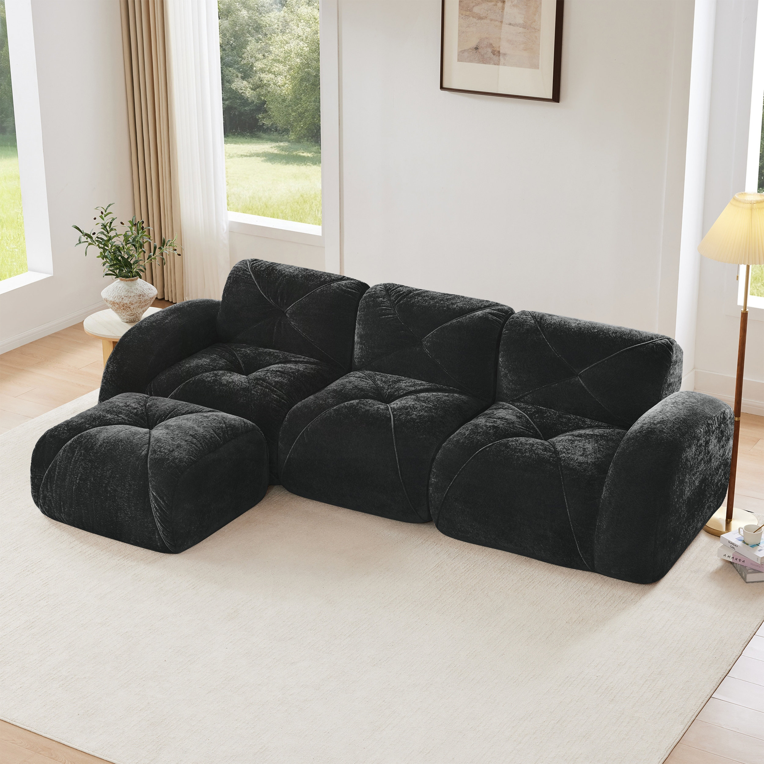 Mercer41 L-Shaped Soft Velvet Fabric Boneless Sofa with Tufted Design ...