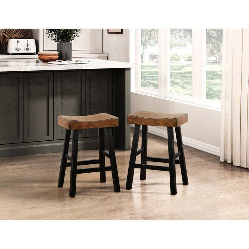 2 tabourets de comptoir en bois d'hévéa massif, style transitionnel, 2 pièces, Brun / Noir