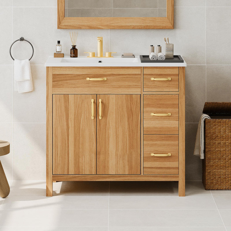 Meuble-lavabo de 36 po en bois avec cadre en bois massif, 2 portes à fermeture douce, 3 tiroirs à fermeture douce, tablette réglable, armoire de rangement moderne pour les petites salles de bain