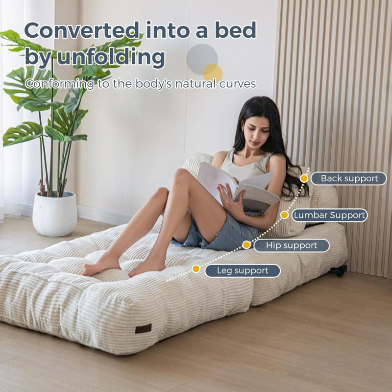 Beige Folding Sofa Bed With Pillow And Back Support