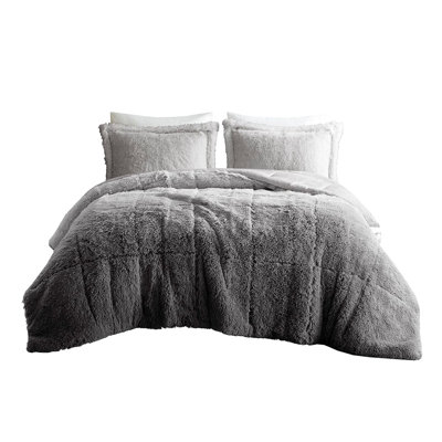Cozy Grey Ombre Shaggy Fur Comforter Mini For Full/Queen, Breathable Interior Queen Size Bed, Fabric