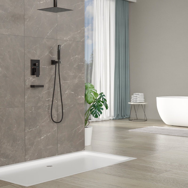 Système de douche - Ensemble de robinet de douche à cascade avec douchette à pluie de 12 po et ensemble de douche noir avec corps de robinet brut et garniture