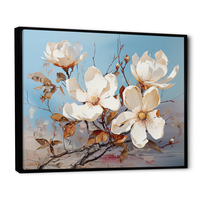 Fleurs de magnolia blanches et bleues sur toile, H 16 po x l 32 po x P 1 po, Cadre flottant noir