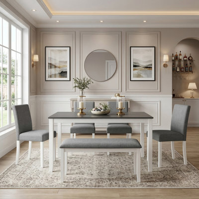 Ensemble de table de salle à manger 6 pièces avec banc et chaises, table en bois deux tons pour la cuisine, la salle à manger, gris et blanc