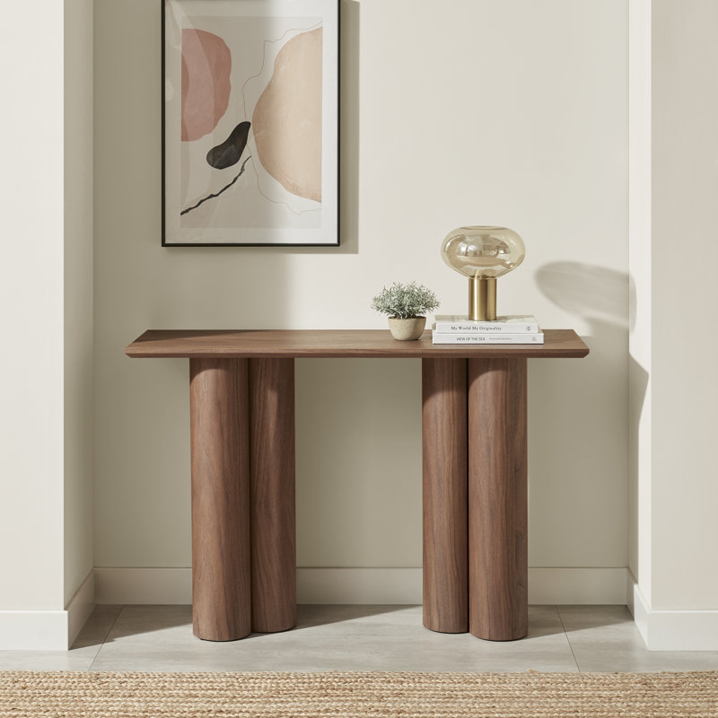 Delshawn Pebble Shaped Pillar Legged Veneer Wood Console Table - Luxury Scandi Style, Walnut