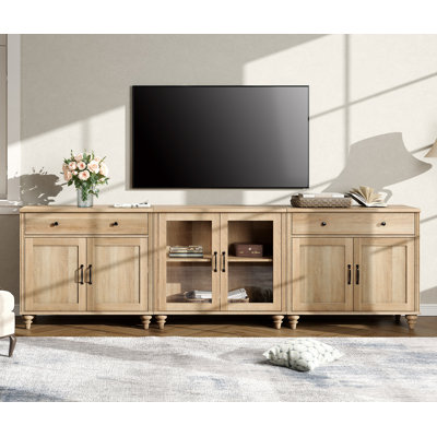 Meuble télé Scarlett, console 3 en 1 pour téléviseur de 85 pouces, meuble audio-vidéo avec porte en verre et en bois, armoire de buffet pour la salle à manger