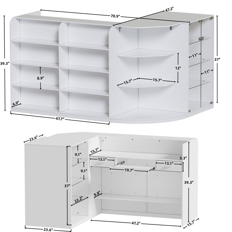 L-shaped Reception Desk With Counter, Glass Retail Counter Desk Display Case, 2 Drawers