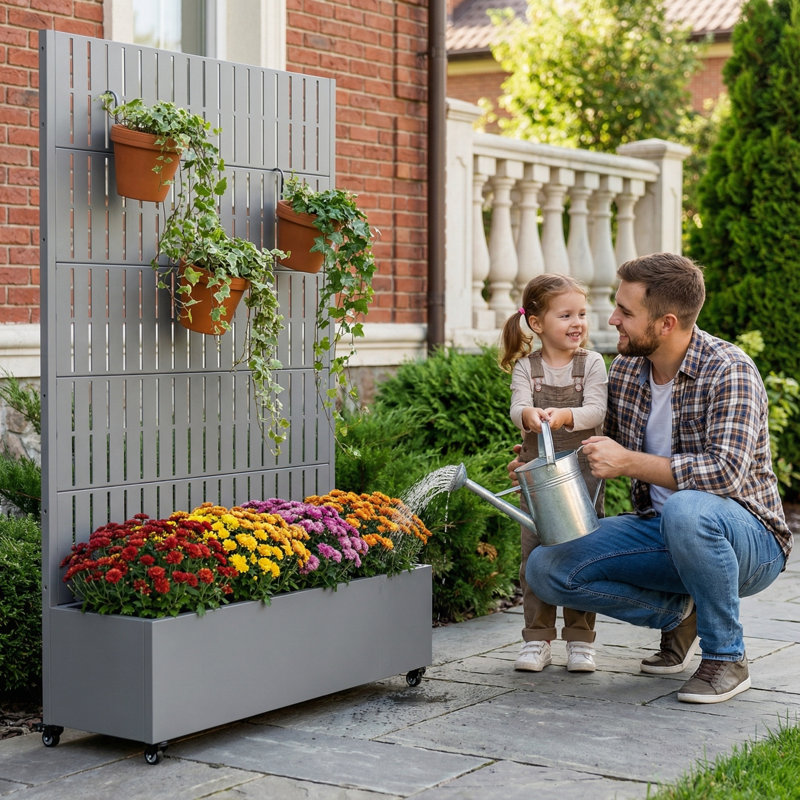 Boîte à fleurs en métal avec treillis et roues, H 72 po x l 47 po x P 16 po, Gris