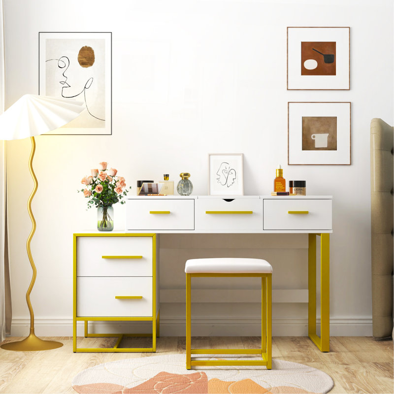 Ensemble de coiffeuse avec miroir, commode avec table de chevet et 4 tiroirs, Blanc / Doré