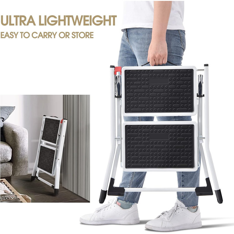 2 Stepsstepladder, Foldable, Ladder With Non-Slip Rubber Mat, Step Stool With Release Button, Lightweight Steel, For Up To 150 Kg