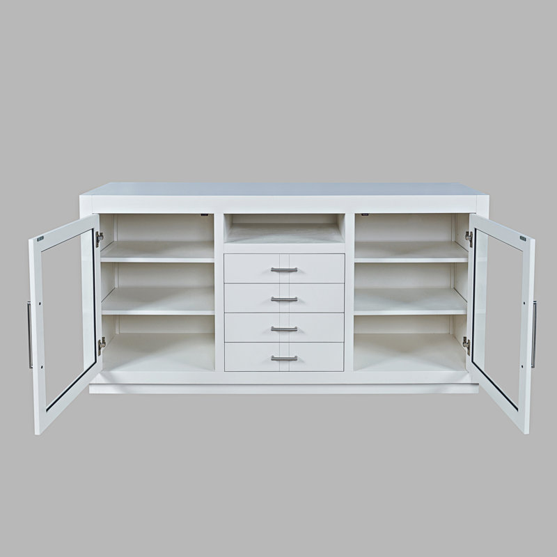 Console média contemporaine 60 po avec portes en verre trempé, tiroirs et tablettes réglables Kavia - chêne clair, Blanc