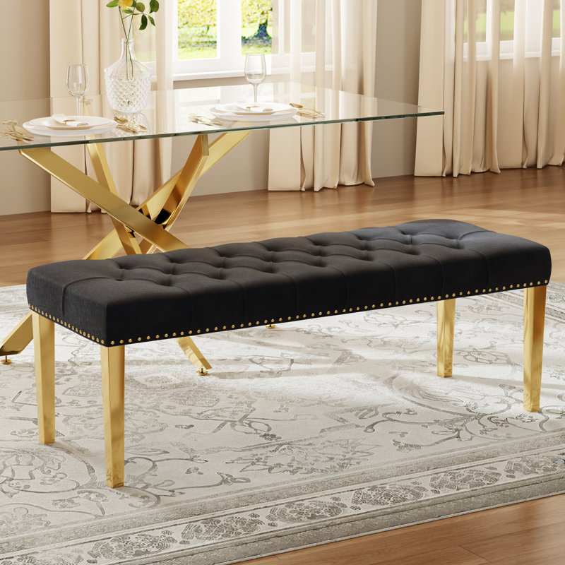 Banc de salle à manger rembourré 44,8 po Mid-Century, Noir, Doré