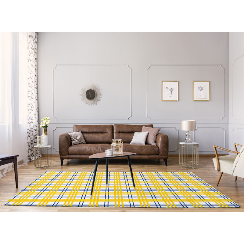 Tapis jaune / blanc à carreaux, Rectangle 8 pi x 10 pi