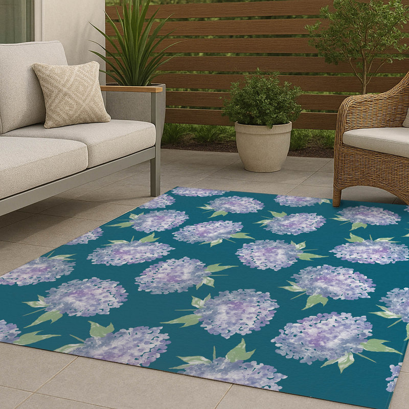 Tapis d'extérieur Hydrangea Love, Bleu sarcelle, Rectangulaire 2 pi x 3 pi