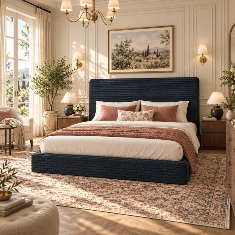 Cadre de lit Ottery Queen en velours côtelé avec bordure en mousse ultra-douce, lit plateforme bas anticollision à 360°, Noir