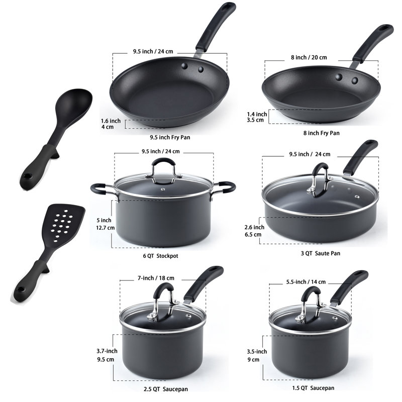 12-Piece Black Aluminum Nonstick Cookware Set with Glass Lids