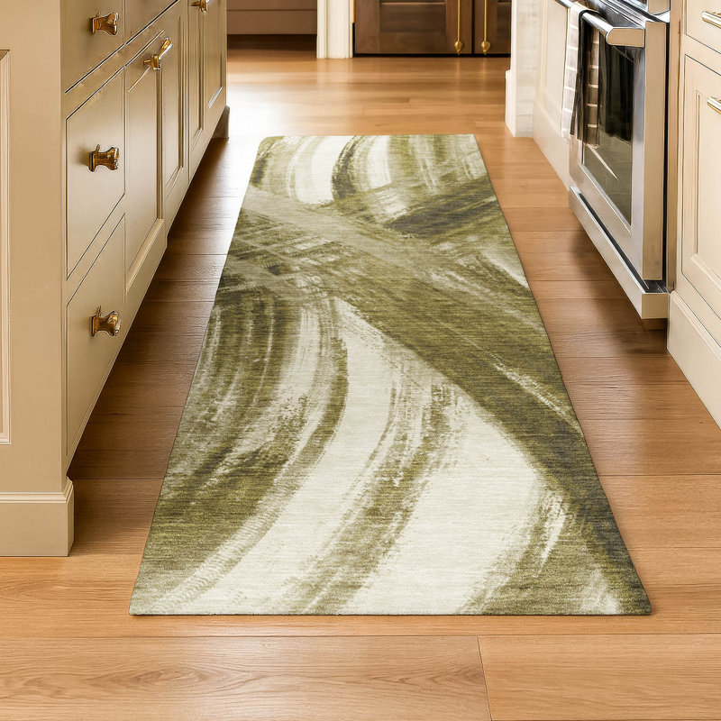 Premium Machine Washable Mayfield AMF2421 Abstract Rug, 2'3" x 7'6" Runner, Khaki