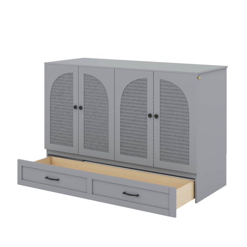 Lit escamotable double avec tiroirs, Gris, Lit double