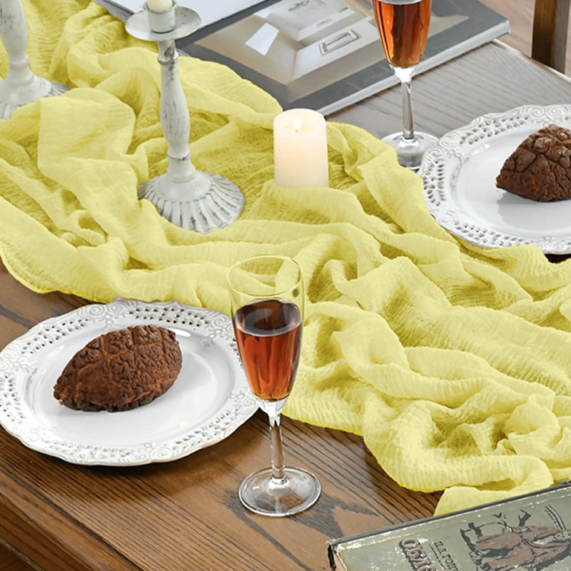 Light Yellow Boho Gauze Wedding Cheesecloth Table Runner 300 cm | Seasonal Summer Bridal Fabric Kitchen Dining Holiday Table Decor for Home Party