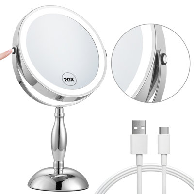 Metal Round 20x Magnifying Rechargeable Led Lighted Vanity Makeup Mirror, With 3 Color Dimmable Lights, Chrome