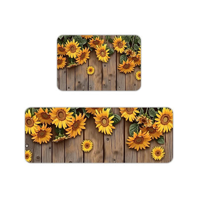 Tapis de cuisine 2 pièces en bois de tournesol, décoration de ferme rustique pour cuisine et garde-manger, jaune brun