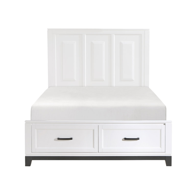 Grand lit plateforme en bois blanc avec rangement, élément de décoration de chambre à coucher