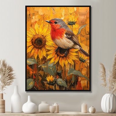 «Ditrich Robin Bird in The Farm Sunflowers I», reproduction d'art sur toile