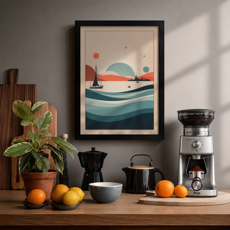 Sailboat at Dusk Coastal - Framed Print, A4 - 29.7 x 21.0 cm, Black