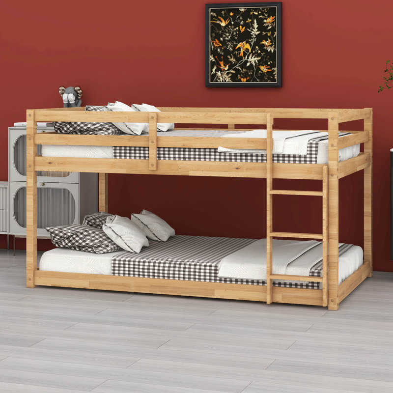 Twin Over Twin Solid Rubber Wood Floor Bunk Bed – Ladder & Strengthened Slat Upper/Bottom Platforms, Natural